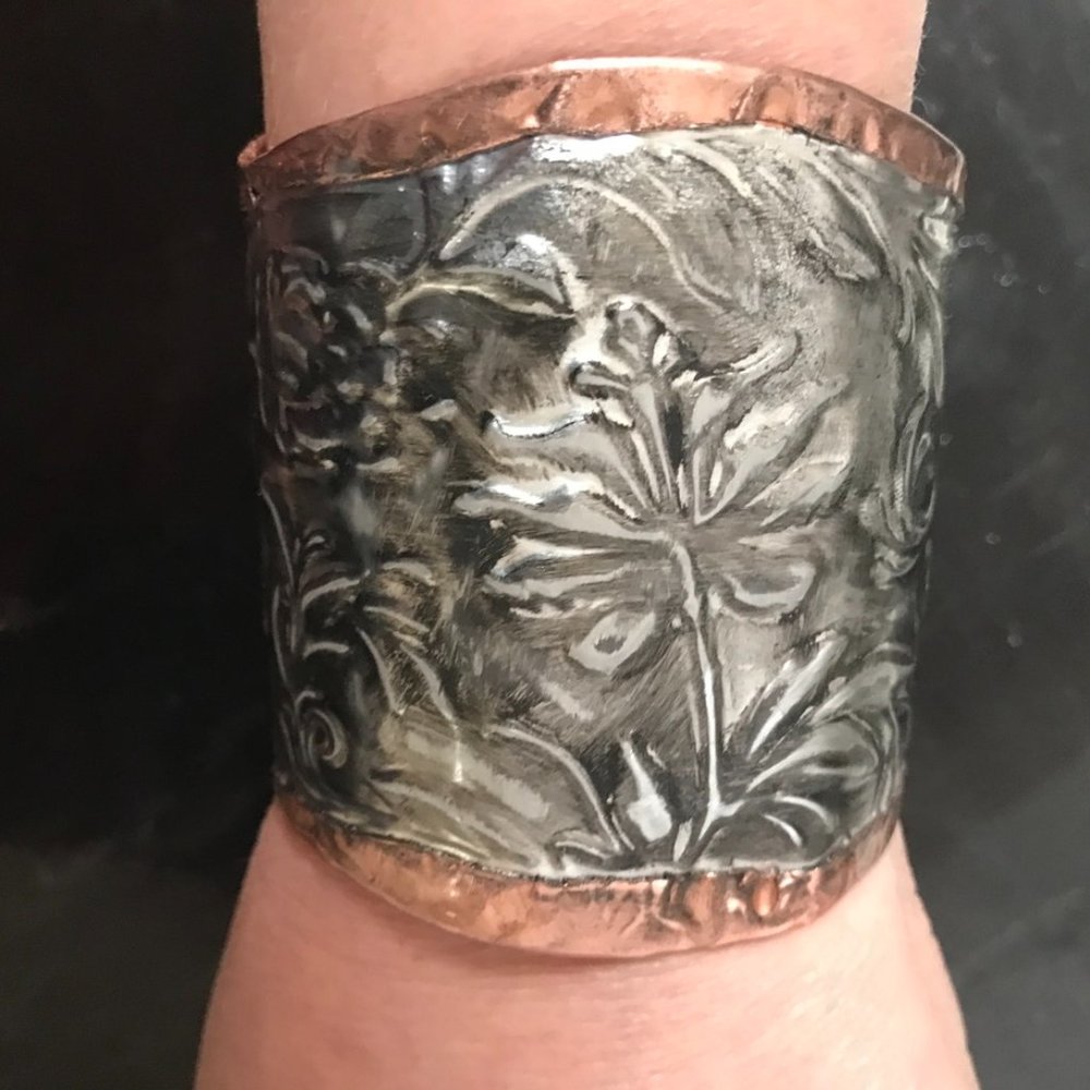 Rose Floral Silver Copper Embossed Gladiator Cuff Wide Handmade Victorian Armor - Picture 2 of 12